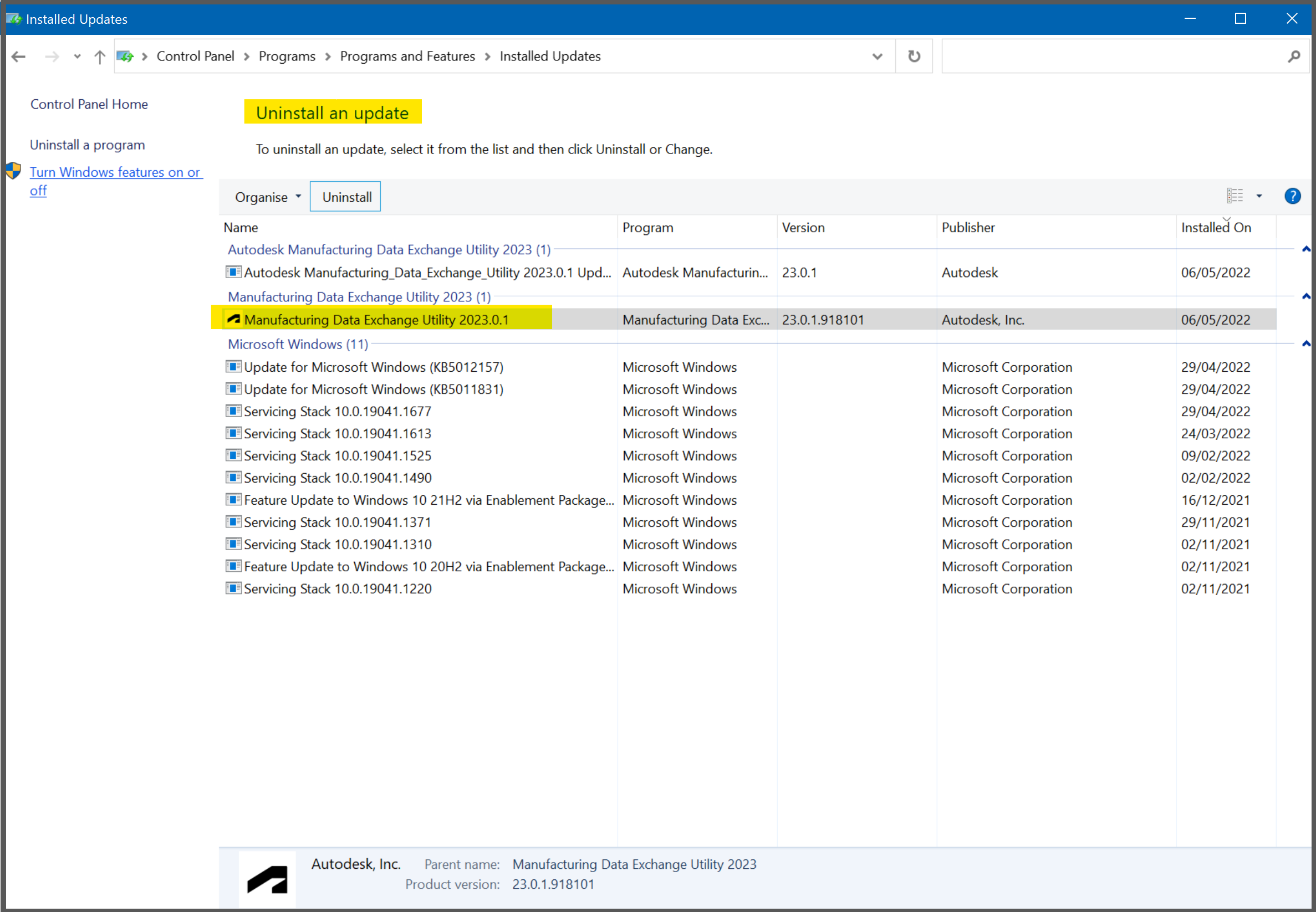 Uninstall Manufacturing Data Exchange Utility 2023.0.1 Hot Fix